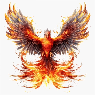 Feìng h̄wng, Phoenix, fire, no background, tails with color coming out of fire, fantasy clipart, wings spread wide, very detailed