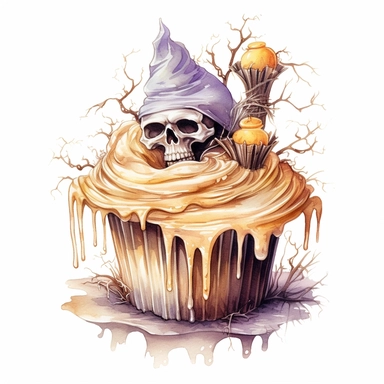 delicious halloween cupcake with graveyard , watercolour illustration clipart, extremely detailed, 4k, high quality, colour scheme gold, silver and cream, , isolated on white background - Image #1 <@1098423716465102849>