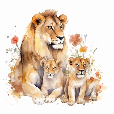 family, baby, lion and lioness,Watercolor Clipart high quality, white background , lion and lioness, cute, love