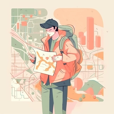 a man lost in a city looking for directions with a map on his hands, clipart style, light pastel colors