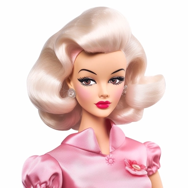 Beautiful pretty barbie doll 50's style, paint art style, detail, clipart, white background, superrealistic, one of a kind