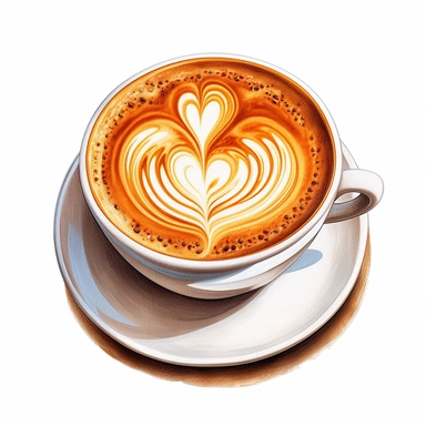 Isometric illumination of commercial shot of ultra - realistic watercolor painting of a really delicious coffee, latte art heart clipart, good looking food, delicious, yummy, foodie, white background no text, isolated on white, watercolor illustration, award winning, strong and sharp lines, upscale