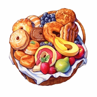 watercolor bread and biscuits in basket illustration in watercolour, in the style of lively illustrations, elaborate fruit arrangements, creative commons attribution, furaffinity, full body, biblical iconography, isometric Clipart desert cartoon t-shirt graphic, vector,contour, isolated on a white background