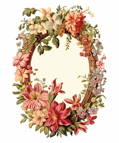 Vintage 1920 Oval Garden Floral Wreath Illustration, Chromolithograph, Die Cut, 1920s Illustration, Vintage, Chromolithograph, Colorful, Antique, Ephemera, Clipart, 8k, Isolated on white