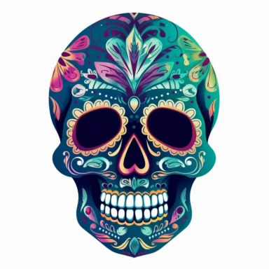 2d artistic sugar skull clipart style with beautiful detailed features.tribal astetics,pure white background with clear edges around skull.colorful but not radiant.mystical,meaningful,epic,for sublimation and cutout out so nothing outside of the lines.only 1 skull,hd,extreme detail