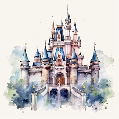 Watercolour animated whimsical beautiful Disney inspired beautiful fairytale castle Disney inspired fairytale castle beautifully detailed perfect details ultra highly detailed, 18k, sharp focus, bright photo with rich colours digitally enhanced, enhanced graphics, straight, sharp focus, bright lighting, intricate detailed png image ,high definition,300dpi,graphic clipart,computer graphics