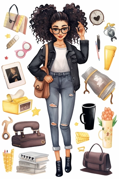 clipart set Cute illustration fashion black woman back to school watercolor clipart, full body, Cute kawaii sticker