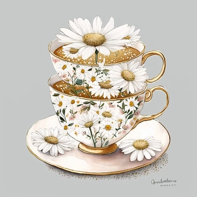 3 stacked vintage teacup, daisies inside, glitter around, white, gold, glitter, fantasy, realistic illustration, watercolor, by Dinara Mirtalipova, by Disney, by rifle paper co, bright and airy Colors, concept art, white background, clipart