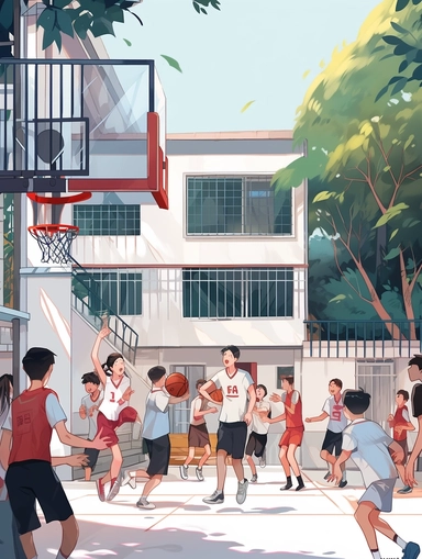 Ten high school students are playing on the basketball court, people are watching outside the basketball court, basketball court in watercolor clip art style as background, medium and close shot, hand drawn animation, star painting style, traditional animation, Dory style, expressive action, Shang Dynasty, Folklore realism, Sarah Andersen style, playful cartoon illustrations, vivid illustrations, Yang Ling weird cartoon character style,
