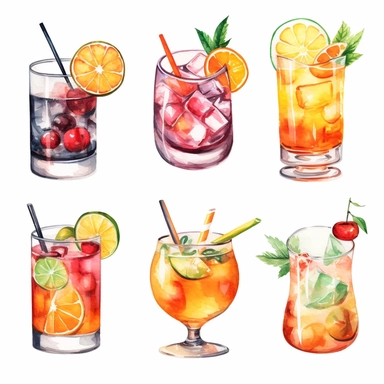 Alcohol cocktail collection. Watercolor illustration. Drinks clipart