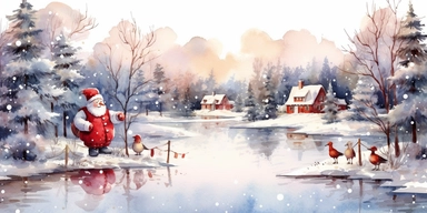 christmas theme Watercolor Cute santa claus wearing red & blue Clipart Collection in beautiful winter landscape with a lot of snow and a small lake, christmas theme, detailed, isolated, white background, one pattern,