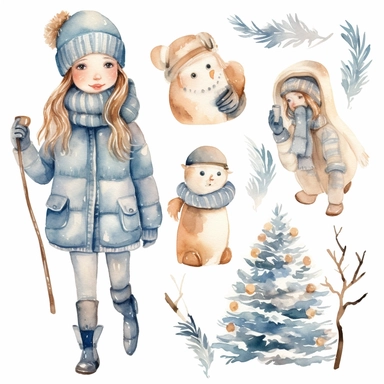 Watercolor collection clipart winter elements snowflakes, ice skating, scarf, neutral colors, no background