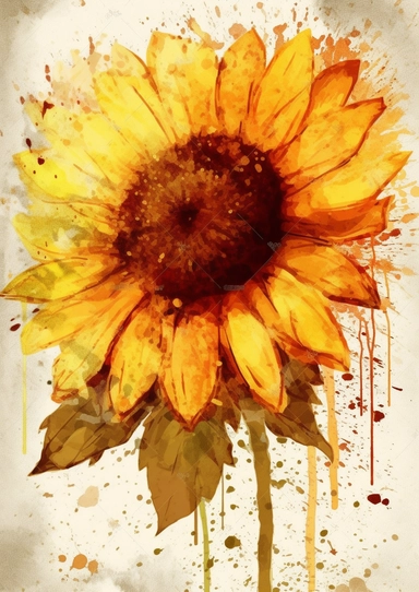 Old paper texture background, ATC card with a sunflower clipart in the center of the paper in watercolor style