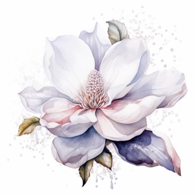 clipart magnolia, watercolor, white background, silver sequins
