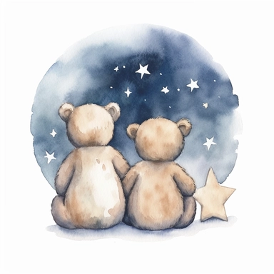 hand drawn pair of teddy bears back facing sitting together looking up at the night sky and the moon and stars, for a nursery, celestial accents, pastel shades, glamorous, watercolor, white background with margins, clipart style