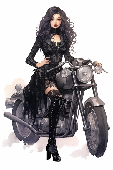 watercolor mixed media goth steampunk girl entire body illustration in front of a goth steampunk motorcycle clipart by holly hobbie