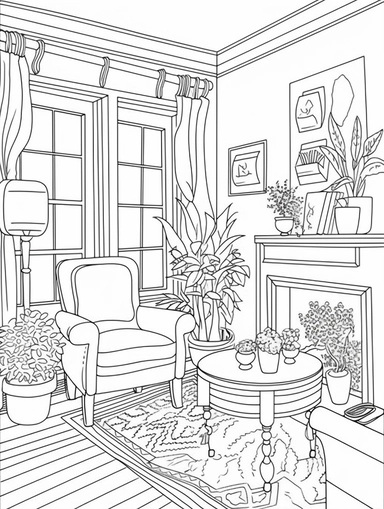 An Adult Coloring Book Featuring Fun and Relaxing Interior Home Designs with Beautifully Furnished Rooms and Welcoming Outdoor Spaces, coloring page line art, black and white clipart for coloring page, simple and clean line art, illustration style,