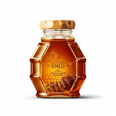 A honey bottle with a label featuring a honeycomb pattern, highlighting the origin and authenticity of the golden honey inside. (Digital drawing clipart, image black border color, full body, flat texture, transparent background)
