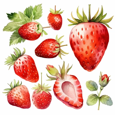 Clipart, beautiful combination with delicious strawberries, summer, fresh, watercolor paints, isolated objects on white background, digital rich, beautiful combination, high quality, 8K-Q2-S750