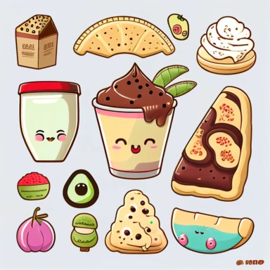 Kawaii Chinese dumplings, cookies and milk, ice cream, avocados, tacos, nutella and toast clipart