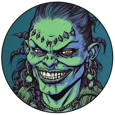 A circular tondo depicting a Dungeons & Dragons character female woman orc orcish badass boss warrior bandit, Mike Allred Josh Kirby Mad Max Lord of the Rings, handpainted enamel punk zine indie retrowave, clipart illustration, circle solid background