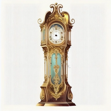 ornate gold grandfather clock detailed illustration watercolor clipart isolated white background