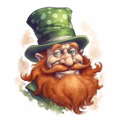 Create a charming clipart of a delightful little leprechaun with a striking red beard. The background should have a plain, high-contrasted color that makes the leprechaun stand out. Use a watercolor and realistic style to give the artwork depth and texture that entices the viewer to imagine the mischievous personality of this little fellow. Make sure to capture the essence of Irish folklore in every stroke.