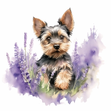 close up high detailed, Hand drawn watercolor clipart of a cute Yorkshire Terrier exploring lavender bush, on a white background