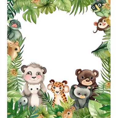 create a digital clipart frame of jungle baby animals and forest, white background, 4k