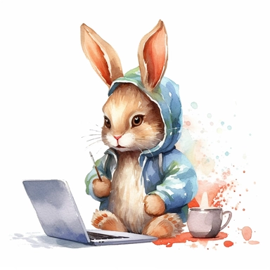 watercolor clipart, cute funny bunny, in style programmer, working on a computer, With an intelligent look, funny and floppy ears, white background, no watermarks, suitable for printing