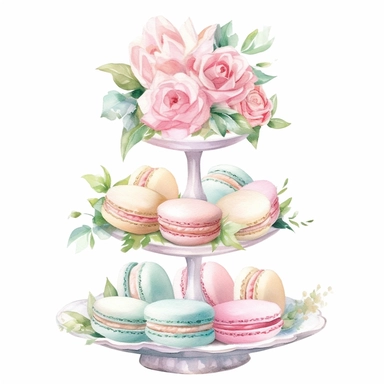 Clipart, Watercolor, White Peony Shabby Chic Tier Candy Tray with cupcakes, Macarrons and sandwiches, light colors, hand-draw, texture