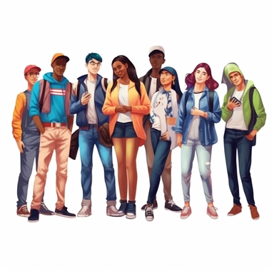 Diverse school group: realistic Illustration of teenage students from different ethnicities and cultures together, representing diverse educational environments. clipart, isolated on white background, 4K