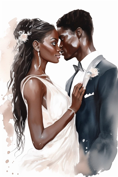 Black skin bride in a white wedding dress with diamonds and with beautiful jewelry, long beautiful hair, beautiful lips and long eyelashes glamour and the groom in a tuxedo smile watercolor clipart
