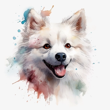 cute American Eskimo dog portrait, full face, centered shot, side shot, dynamically posed, in action, playful mood, happy mood, playing mood, cute face, adorable smile, childlike eyes, clean watercolor illustration, white background, nursery baby imagery, painting, detailed, 8k, PNG, clipart,