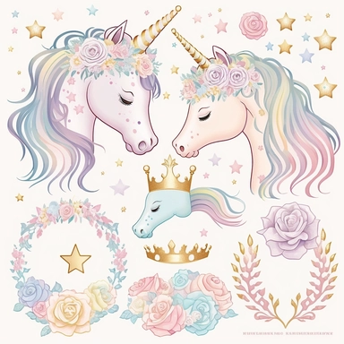 a collection of 3 rainbow pastel unicorn, princess tiara, rainbow, gold star, pink star, hearts, flowers, roses, plastercine, soft watercolour light, clipart svg white background