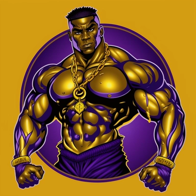 clipart image, logo, African American, bodybuilder, gold necklace, purple and gold gym suit