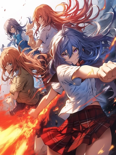 Poster, Ikki Tousen Ryomou Shimei Japanese manga series, paint art style, clipart, school background, superrealistic, one of a kind. The artwork features a dynamic, action - packed composition, with swirling energy blasts and dynamic poses adding to the sense of motion and excitement. The lighting is dramatic and moody, with deep blues and purples creating a sense of tension and danger. The overall mood is one of fierce determination, as Frieza battles to overcome his opponents.