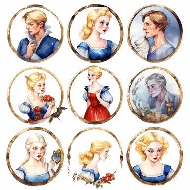 Watercolor snowwhite , illustrations clipart set, simple , cartoon elements, fairy tale theme and elements, different characters, handsome blonde prince, the huntsman, the evil queen, mirror, different variants , , separate elements with a margin