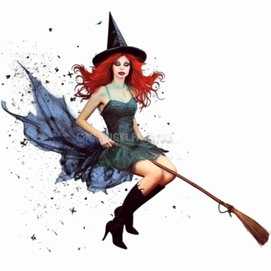 a beautiful red witch flying, flying Bats, old messy, dirty, blue black and green dark gothic theme clipart on a white background