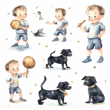 multiple poses characters of little boy playing with black polka dot dog , watercolor in medieval cartoon grunge style clipart on white background
