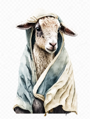 baby goat in a blanket, watercolor clipart, transparent background