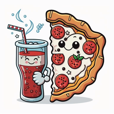 hand drawn cartoon of a pizza and coke doodle, clipart, white background