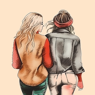 clipart of adult best friends, friends forever, back facing, fashionable, closeup