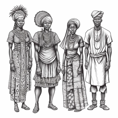 four nigerian villager african male and female village couples standing tall and dignified, coloring page for adults, no color, crisp lines, coloring pages for adults, think lines, clipart, vector, full body, no shading, full body, realistic, 8k, detailed