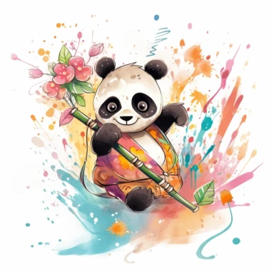 a happy panda with a bamboo shoot and a martial arts belt, depicted in a whimsical, watercolor, surrounded by colorful flowers and butterflies. The mood of the artwork is cheerful and playful, with a soft pastel color palette. The lighting style is bright and sunny, evoking a warm and inviting feeling. clipart design graphic, vector, contour, super cute, isolated white background, high quality, 2d, flat