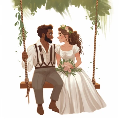 Caucasian bride and African groom, sharing a romantic moment on a rustic wooden swing, surrounded by nature's beauty, vibrant colors, Pixar style, Clipart on a white background.