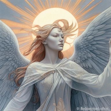 clipart, pastel blue sky, gray black clouds, red sun, white angels fly in the clouds, realism, t-shirt design, white background, Painting By Jean Delville, Redshift Render