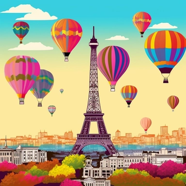paris eiffel tower clip art, hot air balloons and paris city in background, artwork, vibrant colors, sharp image