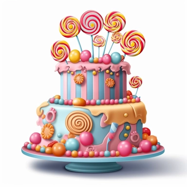 Create a clipart image of a birthday cake with a whimsical theme. Incorporate elements like candy, lollipops, and colorful fondant decorations.