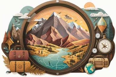 clipart with a wanderlust theme, featuring illustrations of mountains, compasses, and adventure gear, reflecting millennials and Gen Z's love for travel and exploration